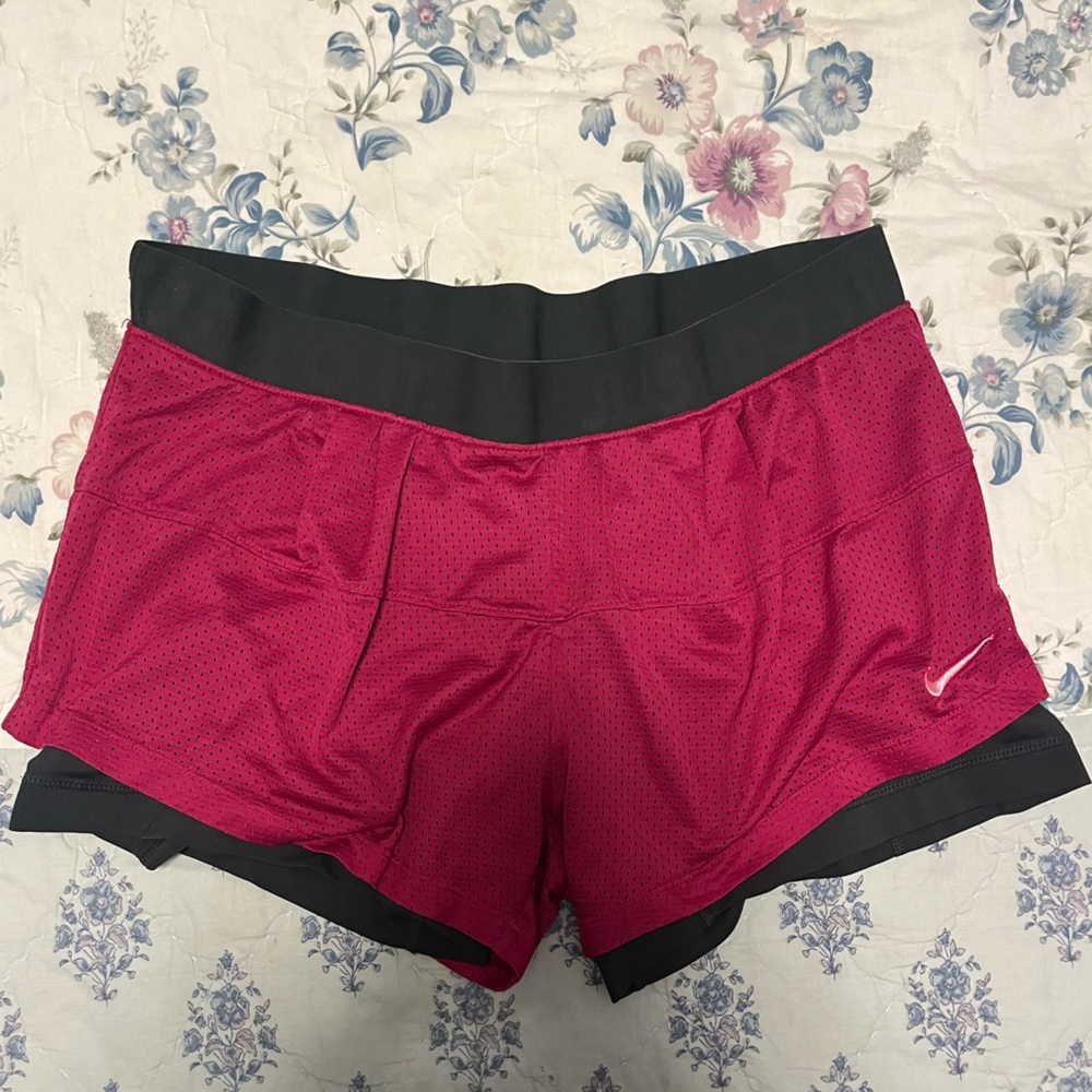 Nike Dri Fit Purple Mesh Shorts with Built in Grey Spandex (Size L)